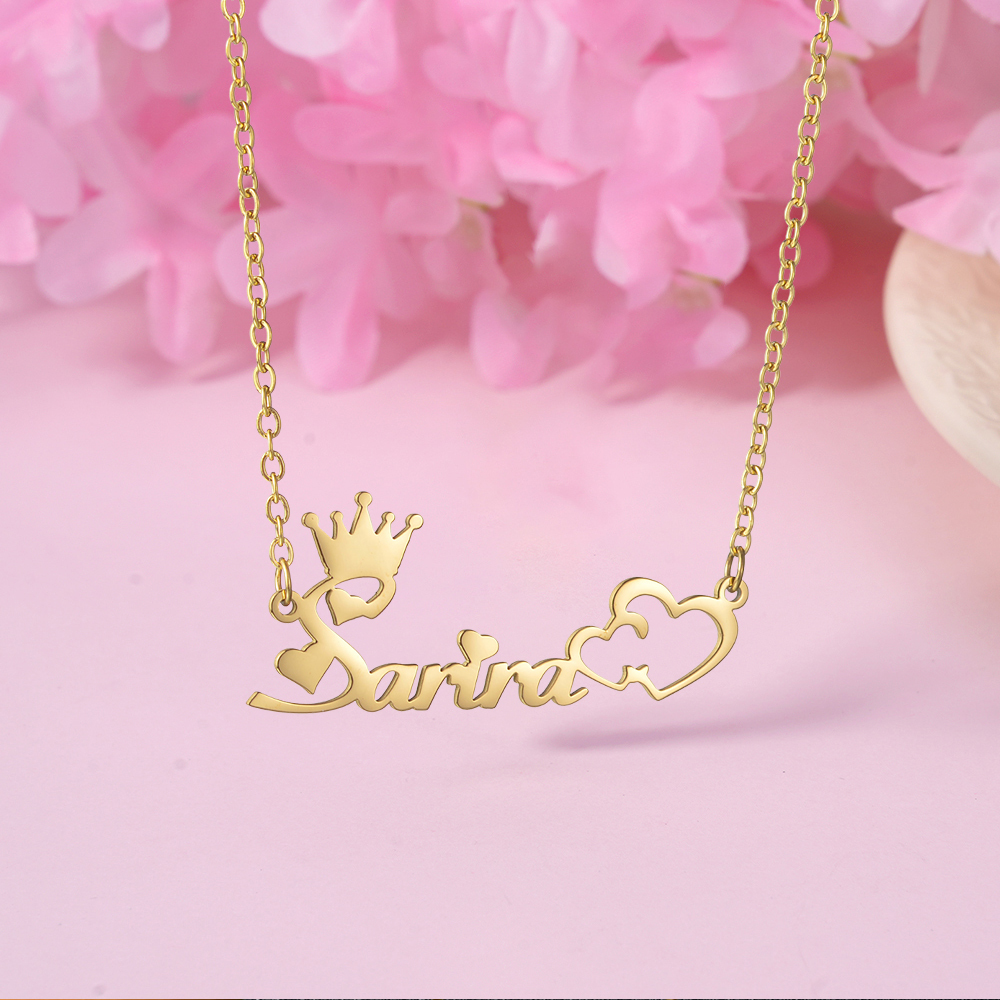 Personalized Heart Crown Pendant Name Necklace