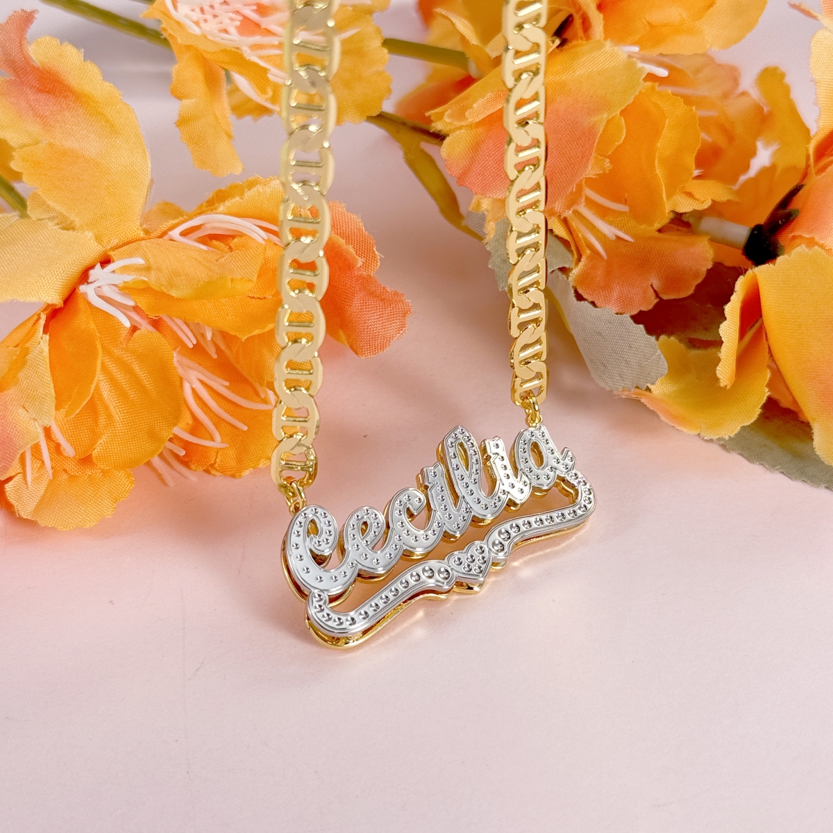 Marine Chain Two Tone Custom Double Layer Heart Name Necklace