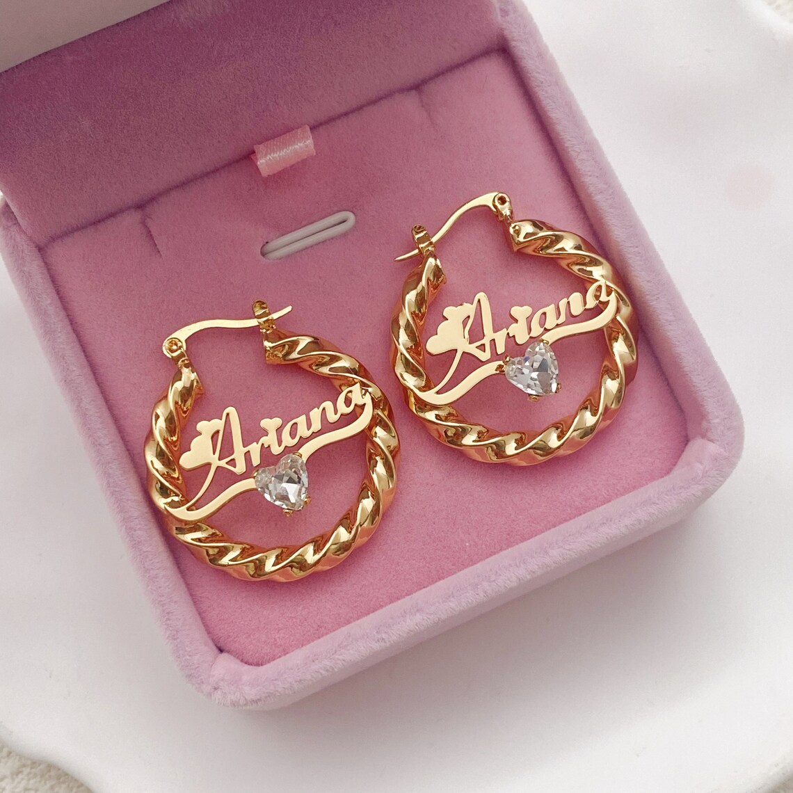 Custom Twist Hoop Heart Birthstone Nameplate Earrings