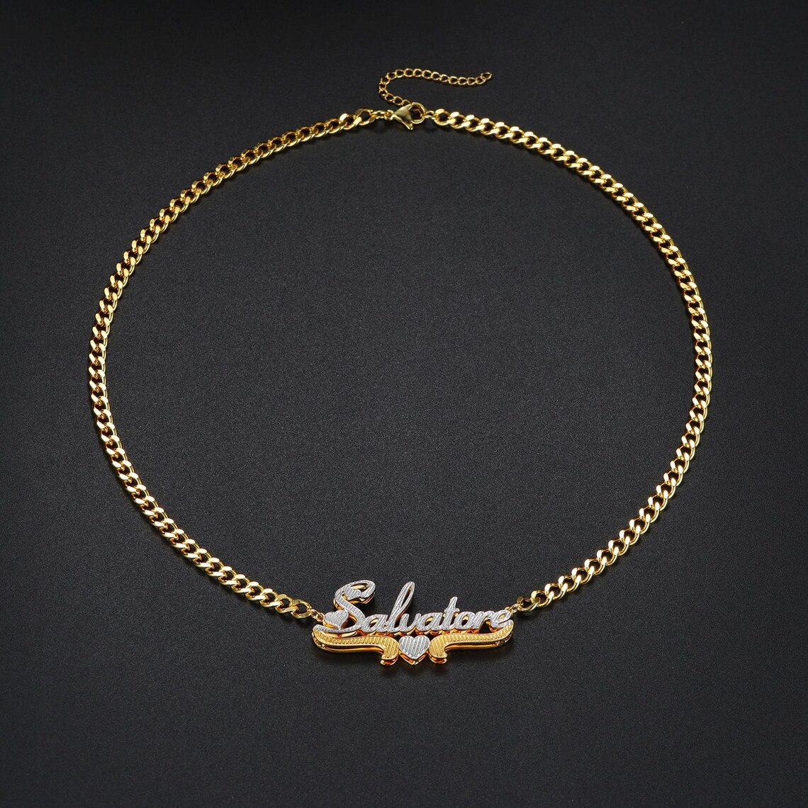 Custom Two Tone Double Plate 3D Heart Name Necklace