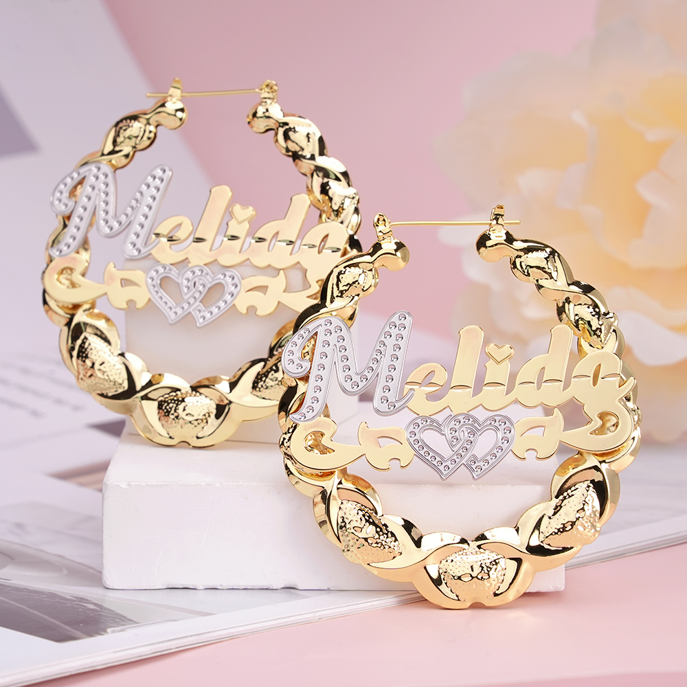 Two Heart Nameplate Personalized Name Bamboo Earrings