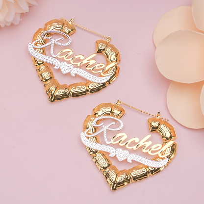 Personalized Double Layer Two Tone with Heart Name Necklace and Heart Shaped Bamboo Earrings Set