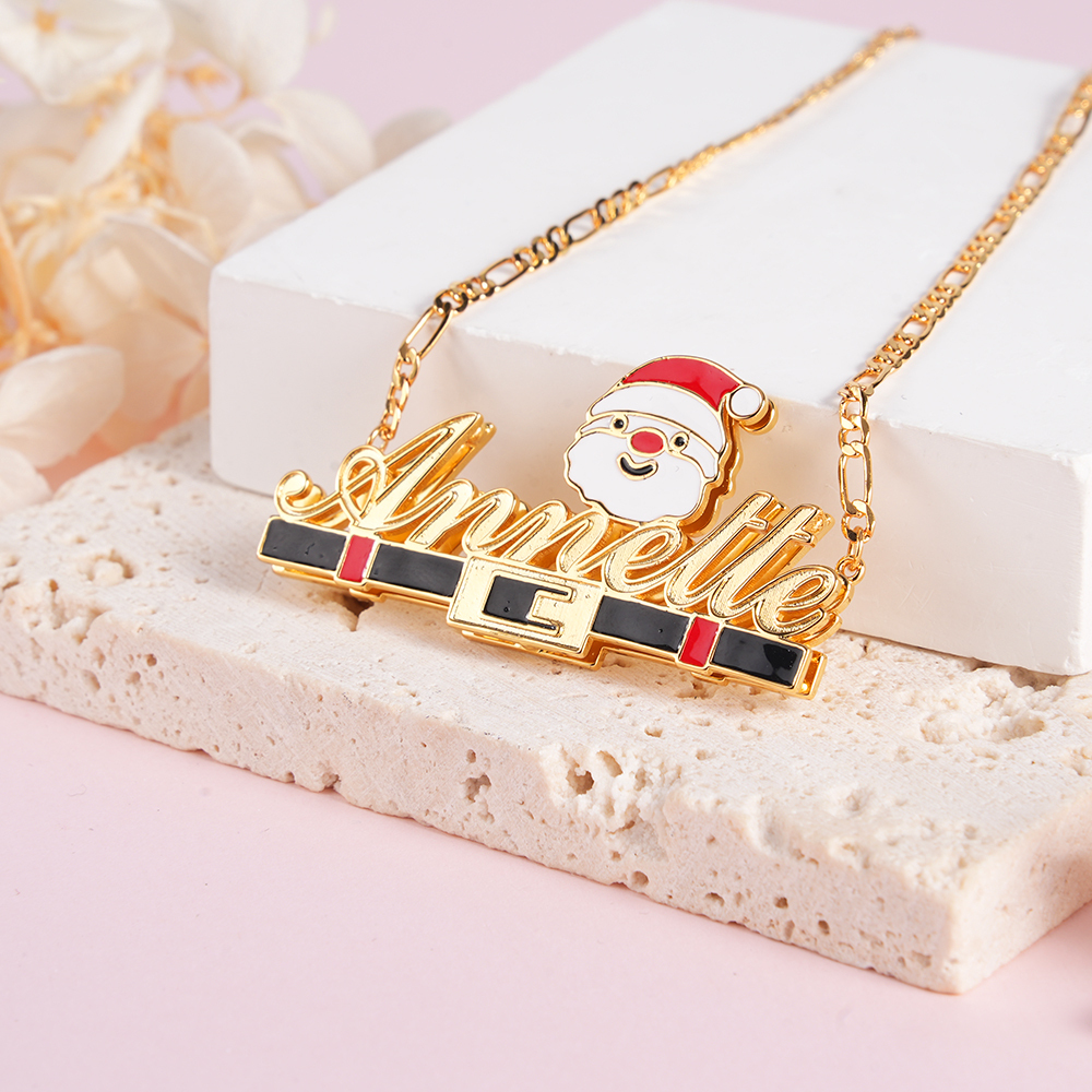 Christmas Father Gold Plated Nameplate Santa Double Layer Personalized Custom Name Necklace