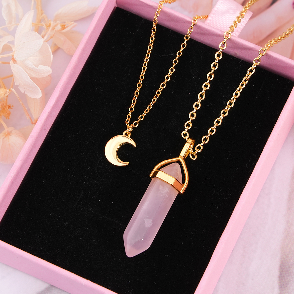Gold Plated Layered Crystal Pendant and Moon Necklace