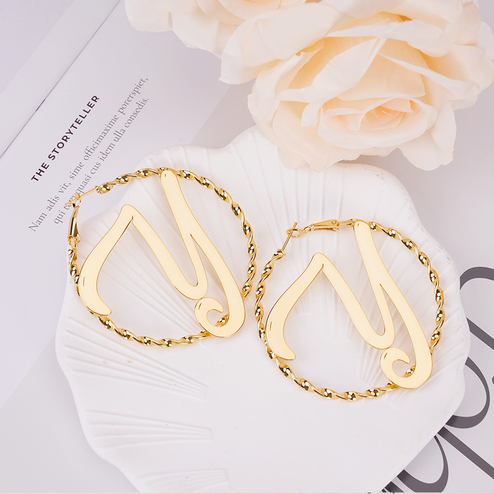 Personalized Gold Plated Big Letter Initial Name Hoop Earrings Women Gift
