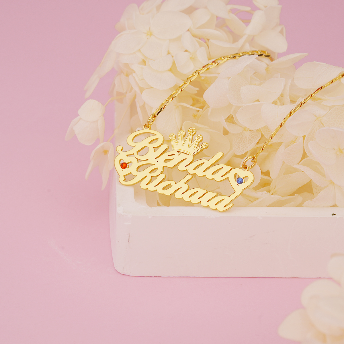 Crown Nameplate Personalized Birthstone Two Name Bracelet 