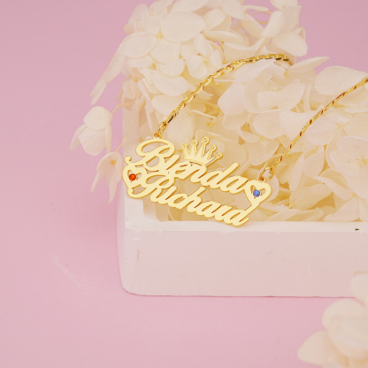 Crown Nameplate Personalized Birthstone Two Name Bracelet 