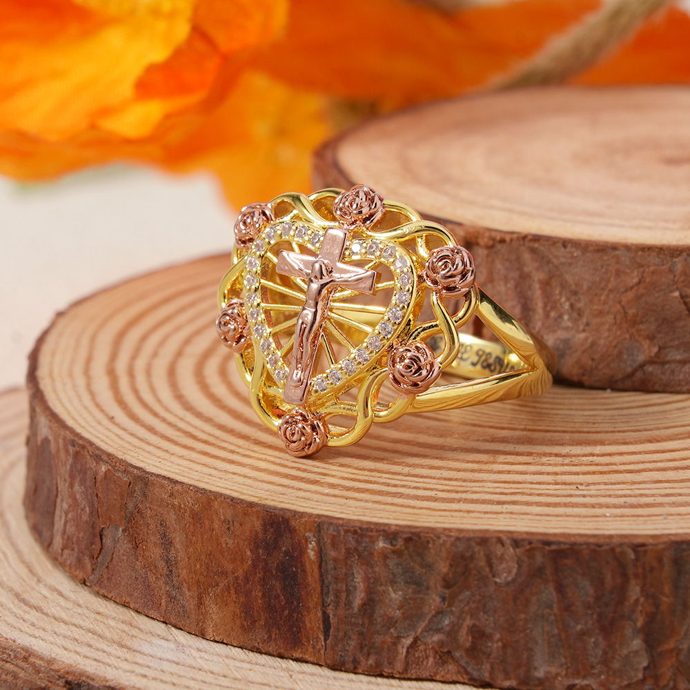 Jesus Christ Cross Crucifix Crucifixion Rose Heart Personalized Engraved CZ Ring 