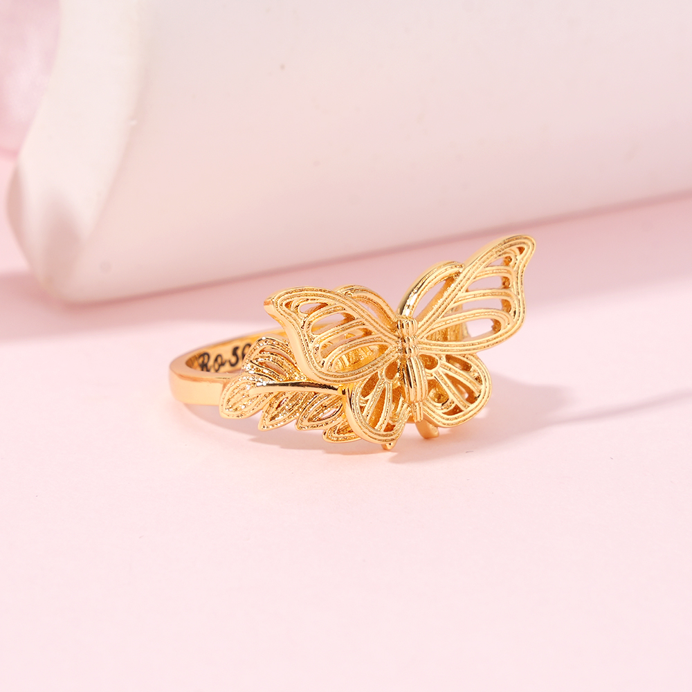 Leaf Butterfly Ring Personalized Gold Plated Engraved Ring