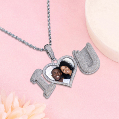 Personalized Sparkling Diamond I Love U Photo Heart Necklace