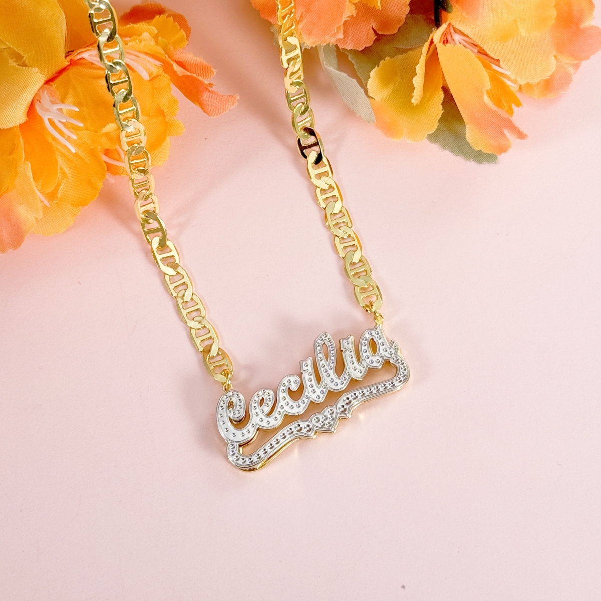 Marine Chain Two Tone Custom Double Layer Heart Name Necklace
