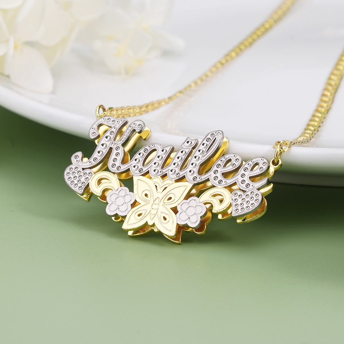 Double Layer Two Tone With Butterfly Flower And Heart Personalized Custom Name Necklace