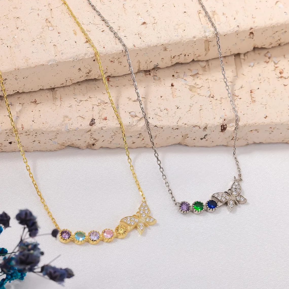 Personalized Butterfly 1 to5 Multi-birthstone Necklace Family Necklace