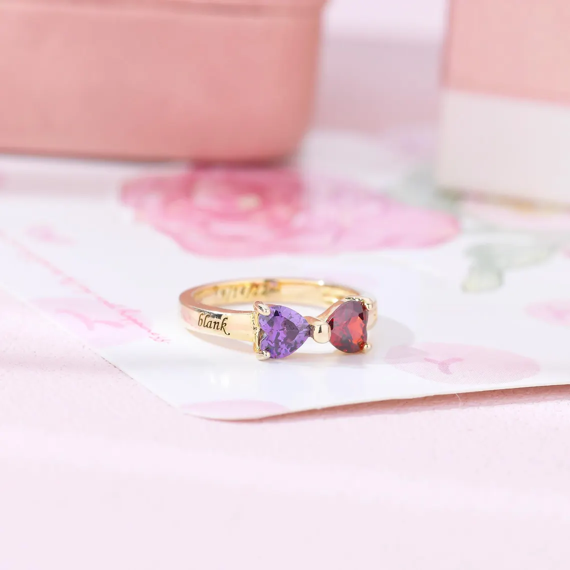 Two Love Hearts Birthstone Engraved Name Date Personalized Ring