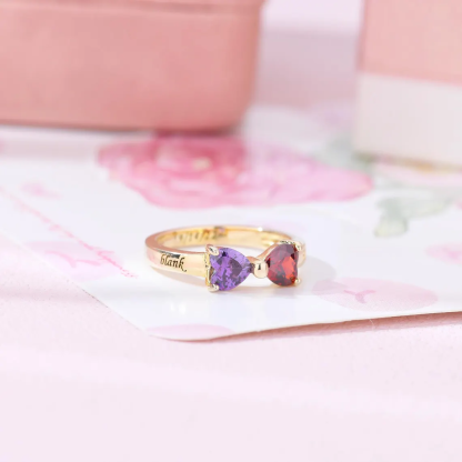 Two Love Hearts Birthstone Engraved Name Date Personalized Ring