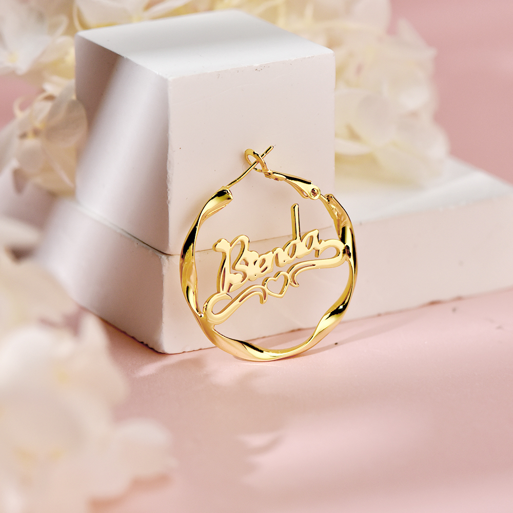 30mm Personalized Custom Heart Mini Nameplate Twist Hoop Earrings