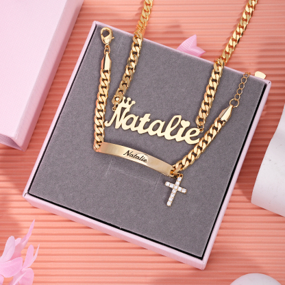 Personalized Cross Crown Heart Name Necklace And Name Bracelet With ID Birthsday