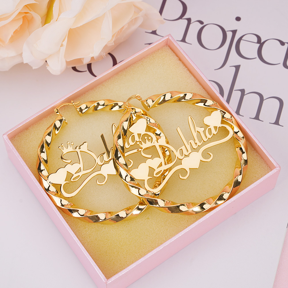 Twist Hoop Earring Personalized Heart Crown Fashion Women Name Earrings 