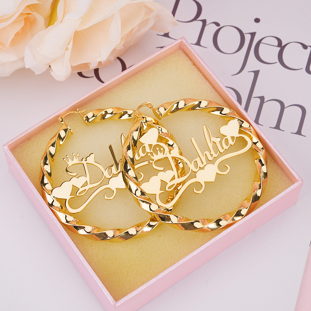 Twist Hoop Earring Personalized Heart Crown Fashion Women Name Earrings