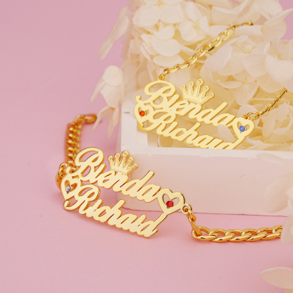 Two Names With Birthstones Personalized Name Necklace and Name Bracelet Couple Set