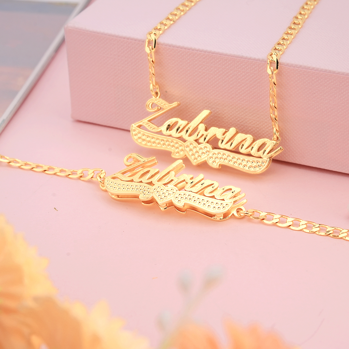 Custom Double Layer Gold Plated Diamond Cut Heart Name Necklace and Bracelet Set