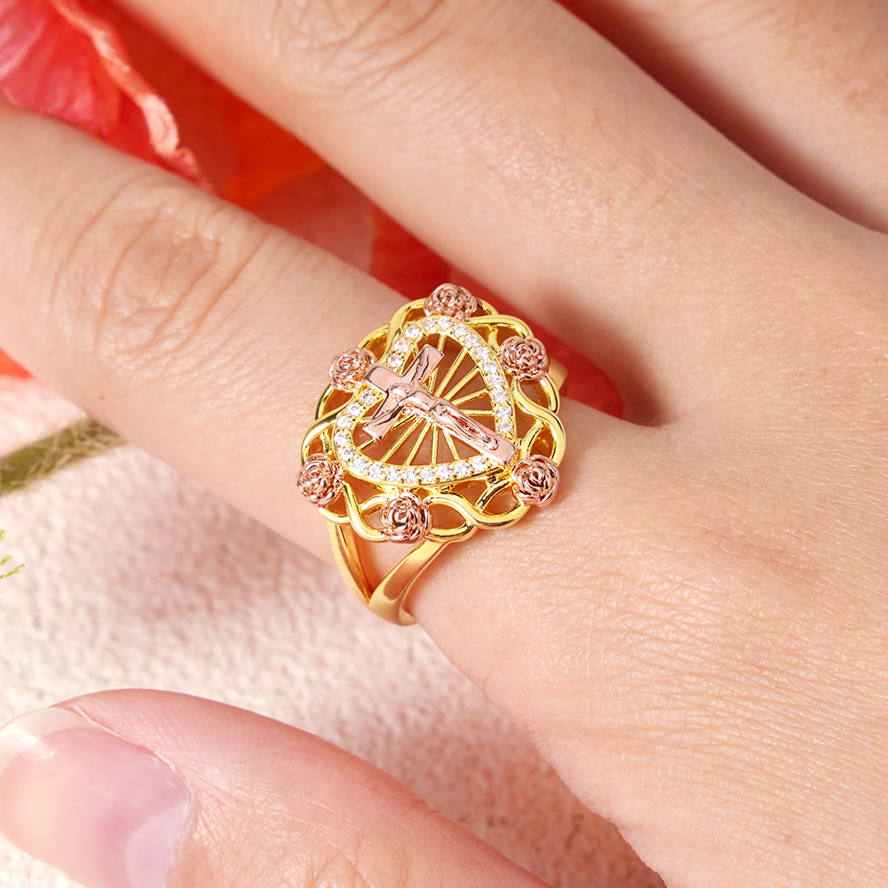 Jesus Christ Cross Crucifix Crucifixion Rose Heart Personalized Engraved CZ Ring 