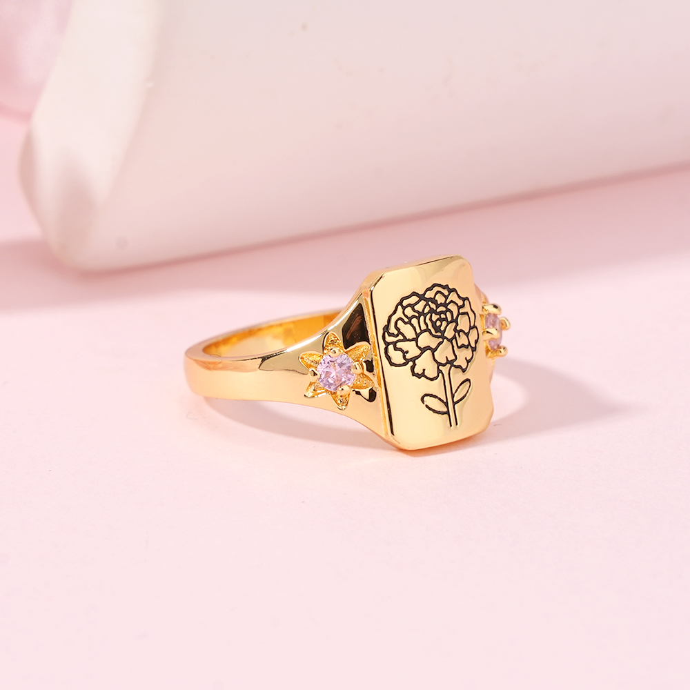 Personalized Engraved Family Birth Flower Bouquet Ring with 2 Birthstones
