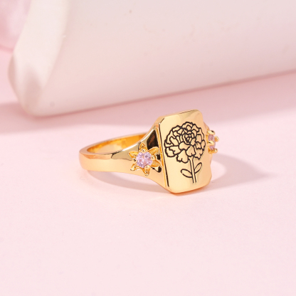 Personalized Engraved Family Birth Flower Bouquet Ring with 2 Birthstones