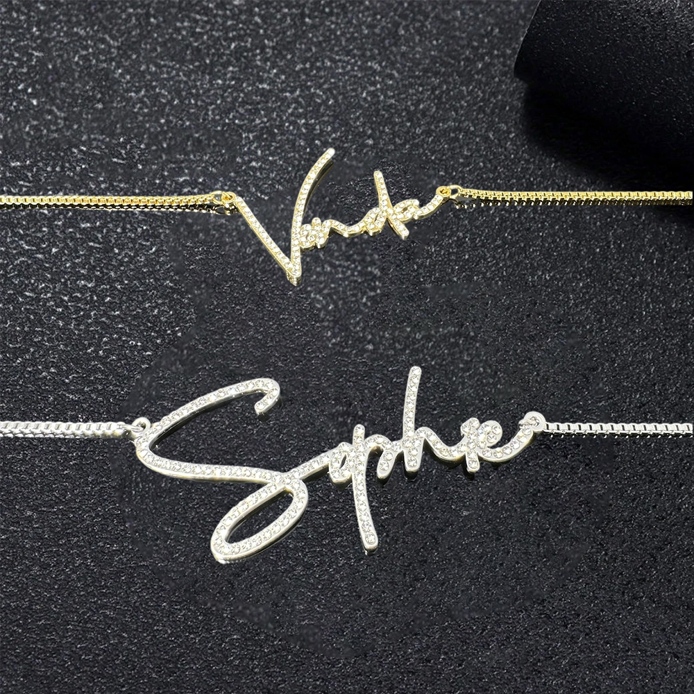 Personalized Pave Script Name Necklace Gold Plated Diamond Necklace