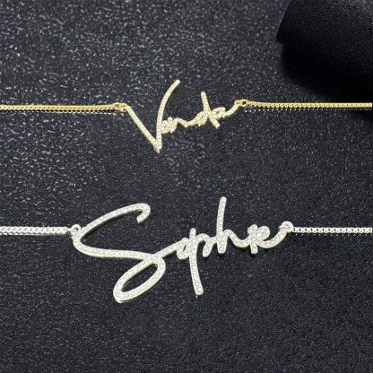 Personalized Pave Script Name Necklace Gold Plated Diamond Necklace