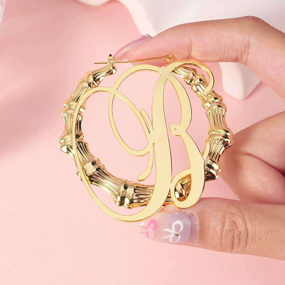 Personalized Custom Gold Plated Initial A-Z Letter Bamboo Name Earrings Gift For Her