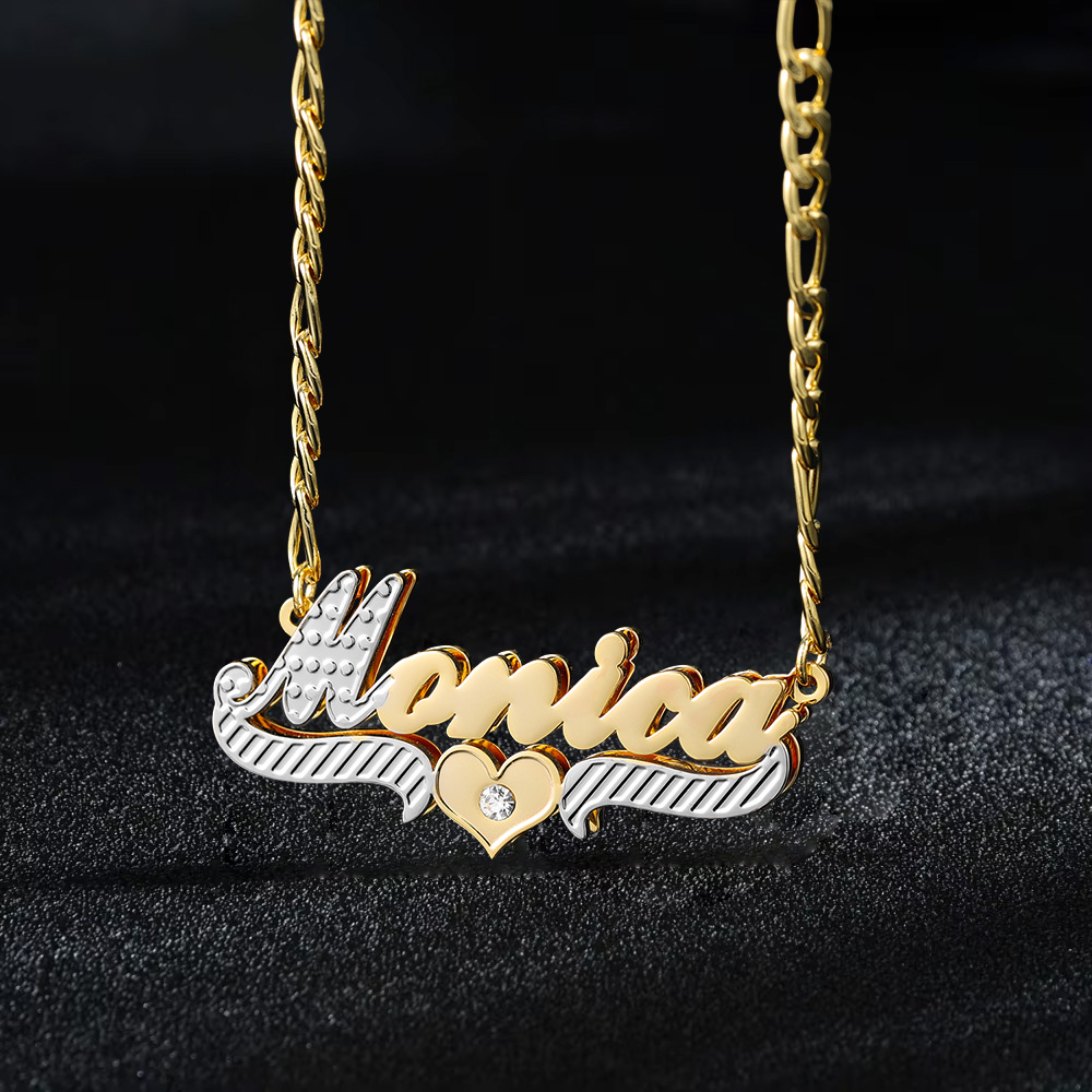 Custom Two Tone Double Plated Heart-Shaped Crystal Name Necklace