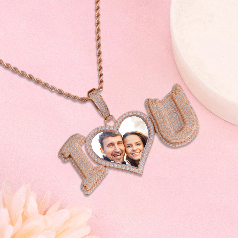 Personalized Sparkling Diamond I Love U Photo Heart Necklace