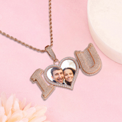 Personalized Sparkling Diamond I Love U Photo Heart Necklace