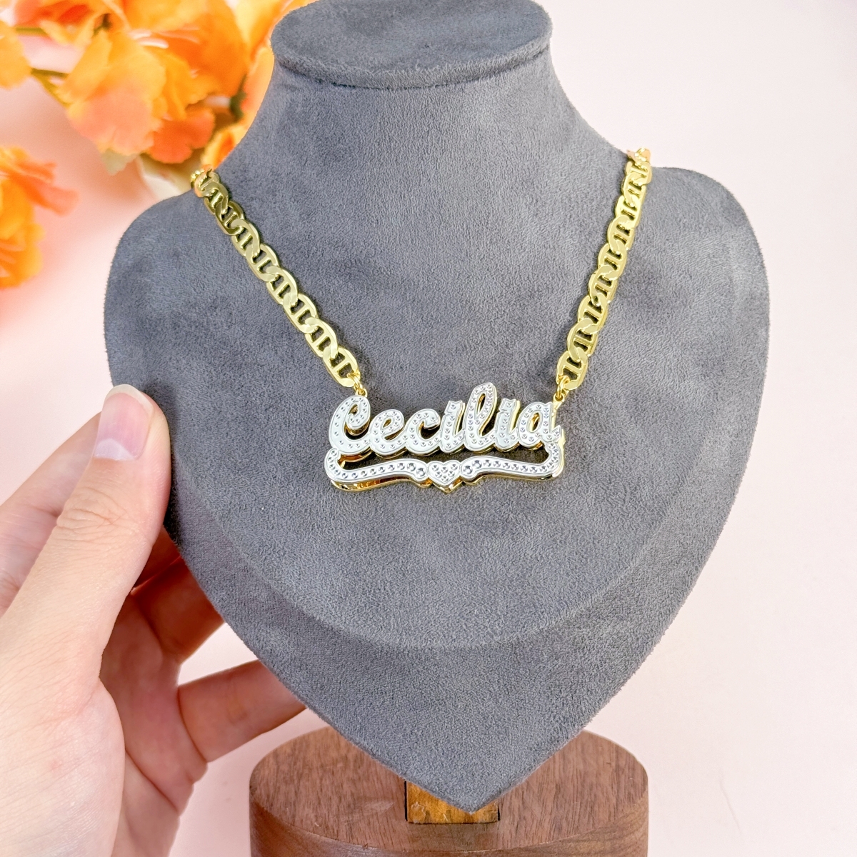Marine Chain Two Tone Custom Double Layer Heart Name Necklace