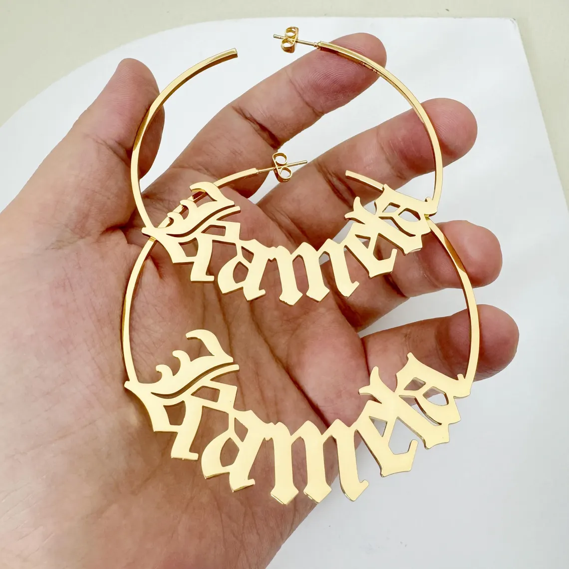 Personalized Old English Font Nameplate Hoop Earrings Gold Plated
