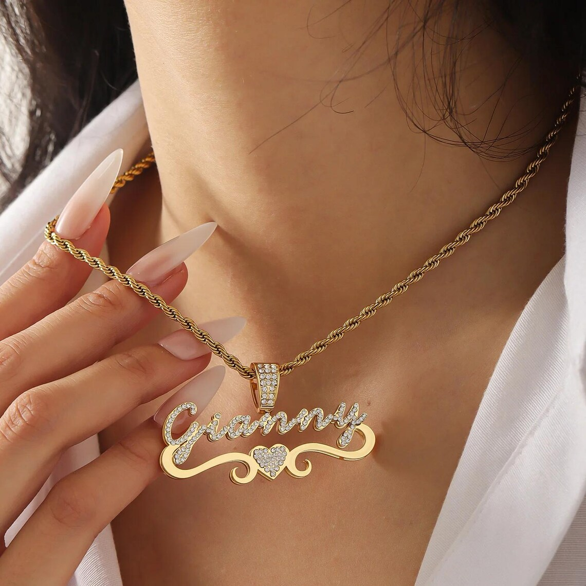 Custom Shiny Double Layer Zircon Heart Name Necklace 