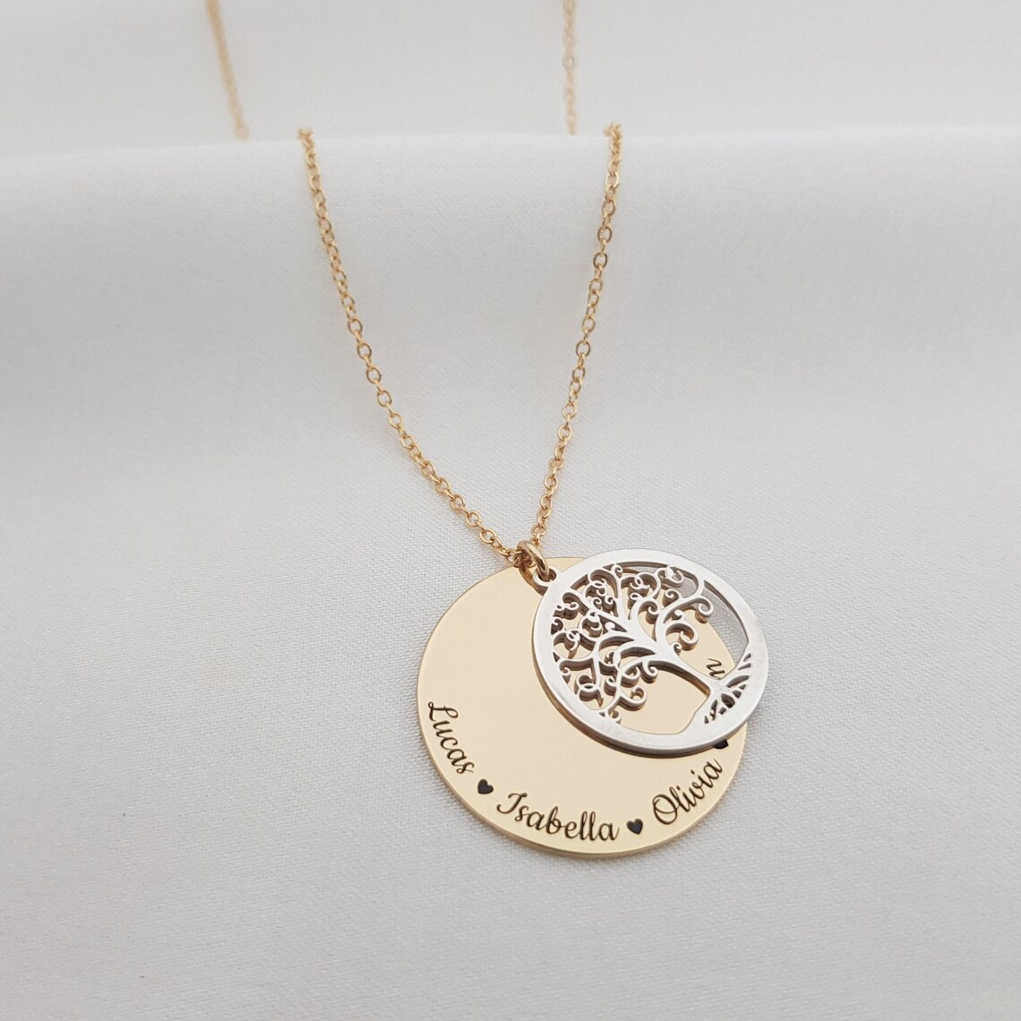Personalized 2 to 5 Engraved Heart Names Tree Of Life Necklace Two Tone