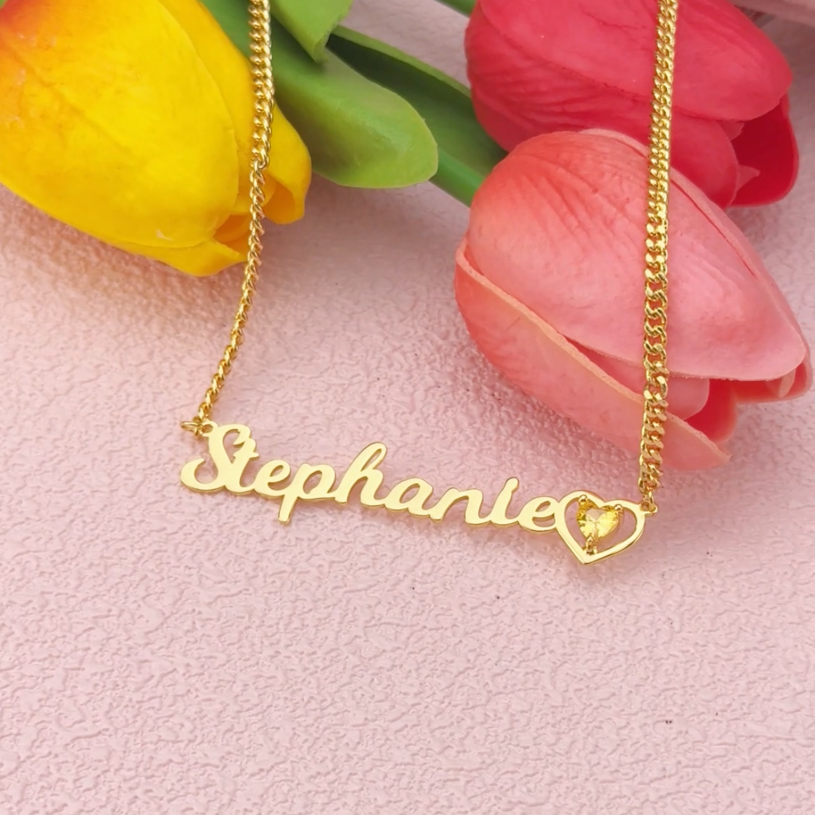 Personalized Gold Plated Heart Birthstone Nameplate Necklace