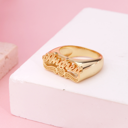 Two Tone Nameplate with Heart Personalized Custom Gold Plated Name Ring