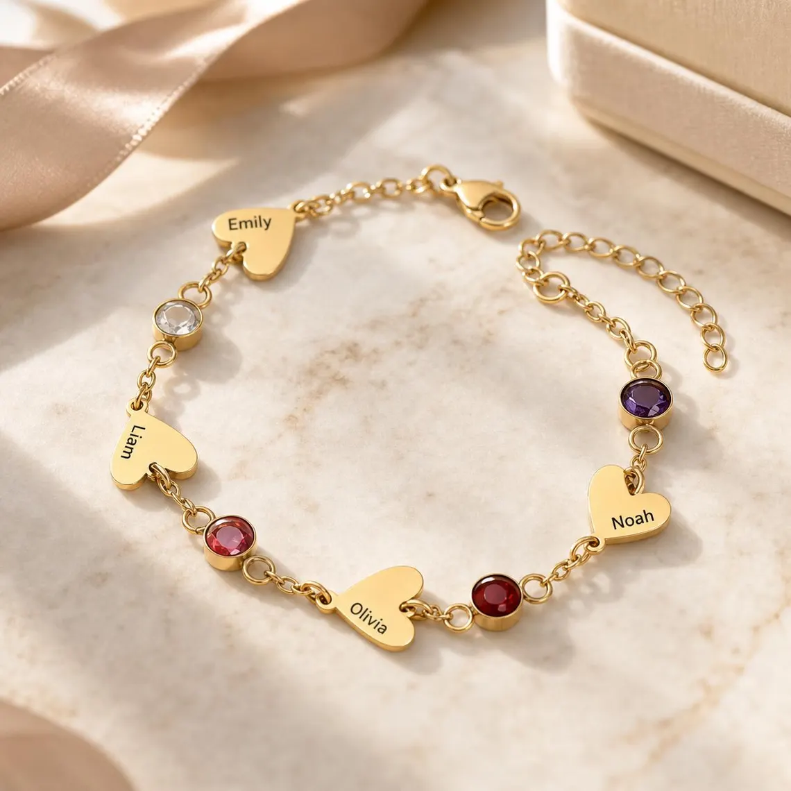 Customized Family 1-4 Birthstone and Hearts Engraving Names Bracelet