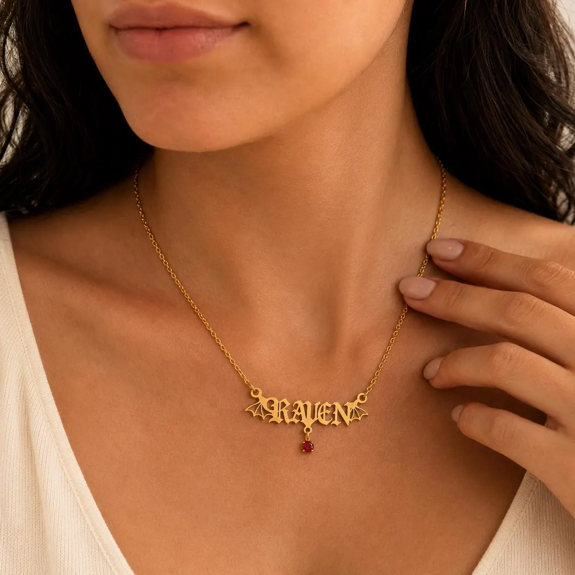 Wings Nameplate Necklace Personalized Gold Plated Name Necklace with Birthstone-silviax