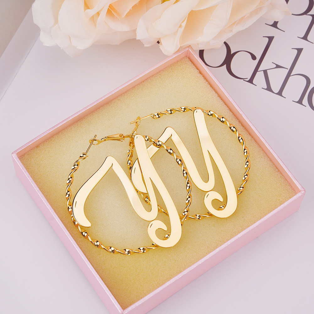Personalized Gold Plated Big Letter Initial Name Hoop Earrings Women Gift