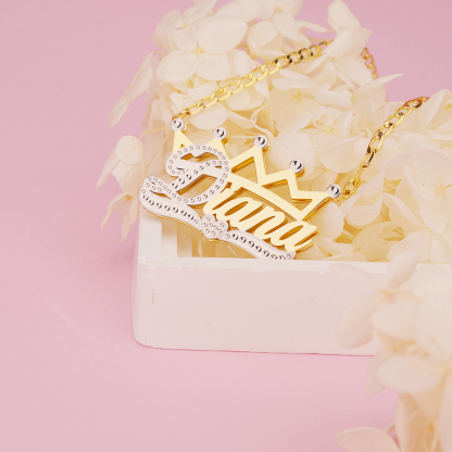 Cuban Chain Two Tone Crown Heart Nameplate Personalized Custom Gold Plated 3D Name Necklace