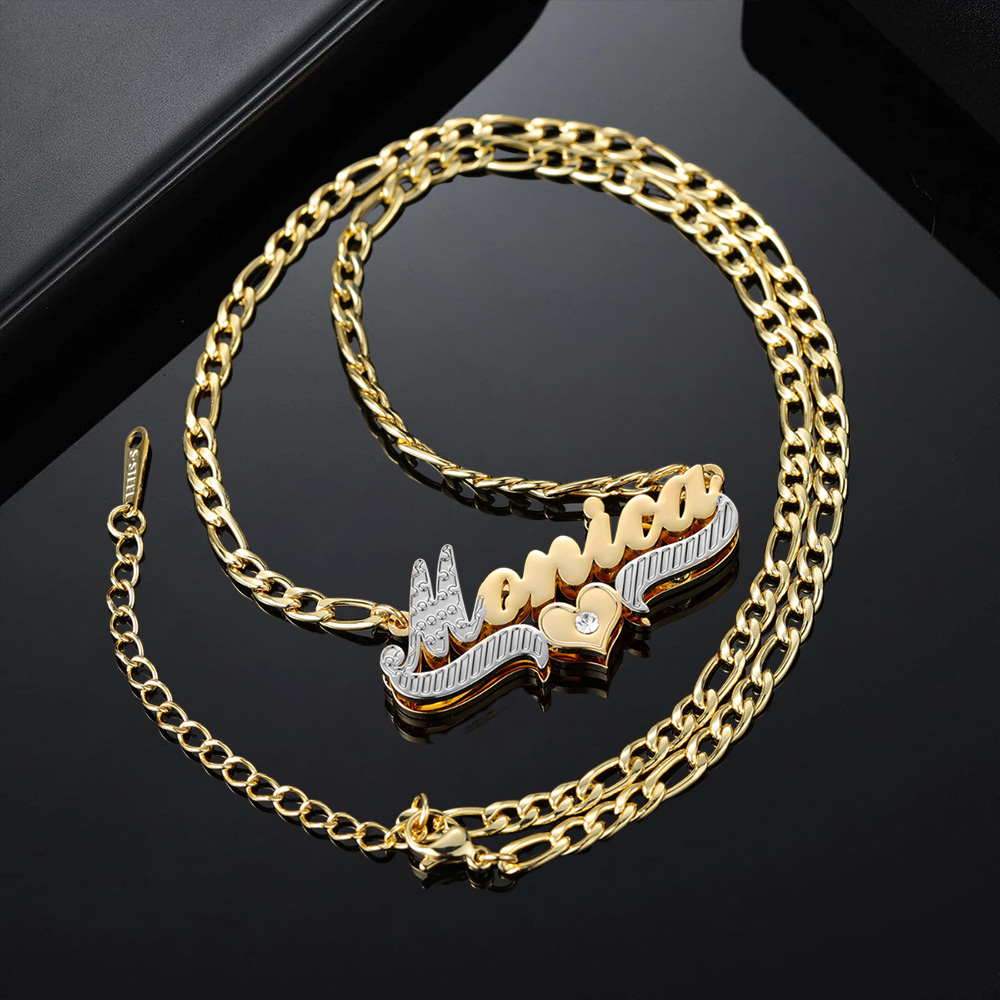 Custom Two Tone Double Plated Heart-Shaped Crystal Name Necklace