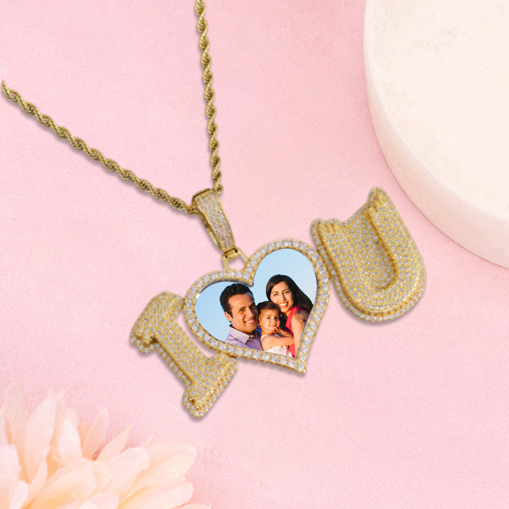 Personalized Sparkling Diamond I Love U Photo Heart Necklace