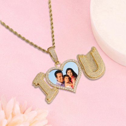 Personalized Sparkling Diamond I Love U Photo Heart Necklace