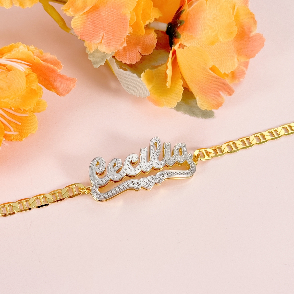 [Copy]Gold Plated Enamel Heart Nameplate Necklace and Bamboo Earrings Jewelry Set