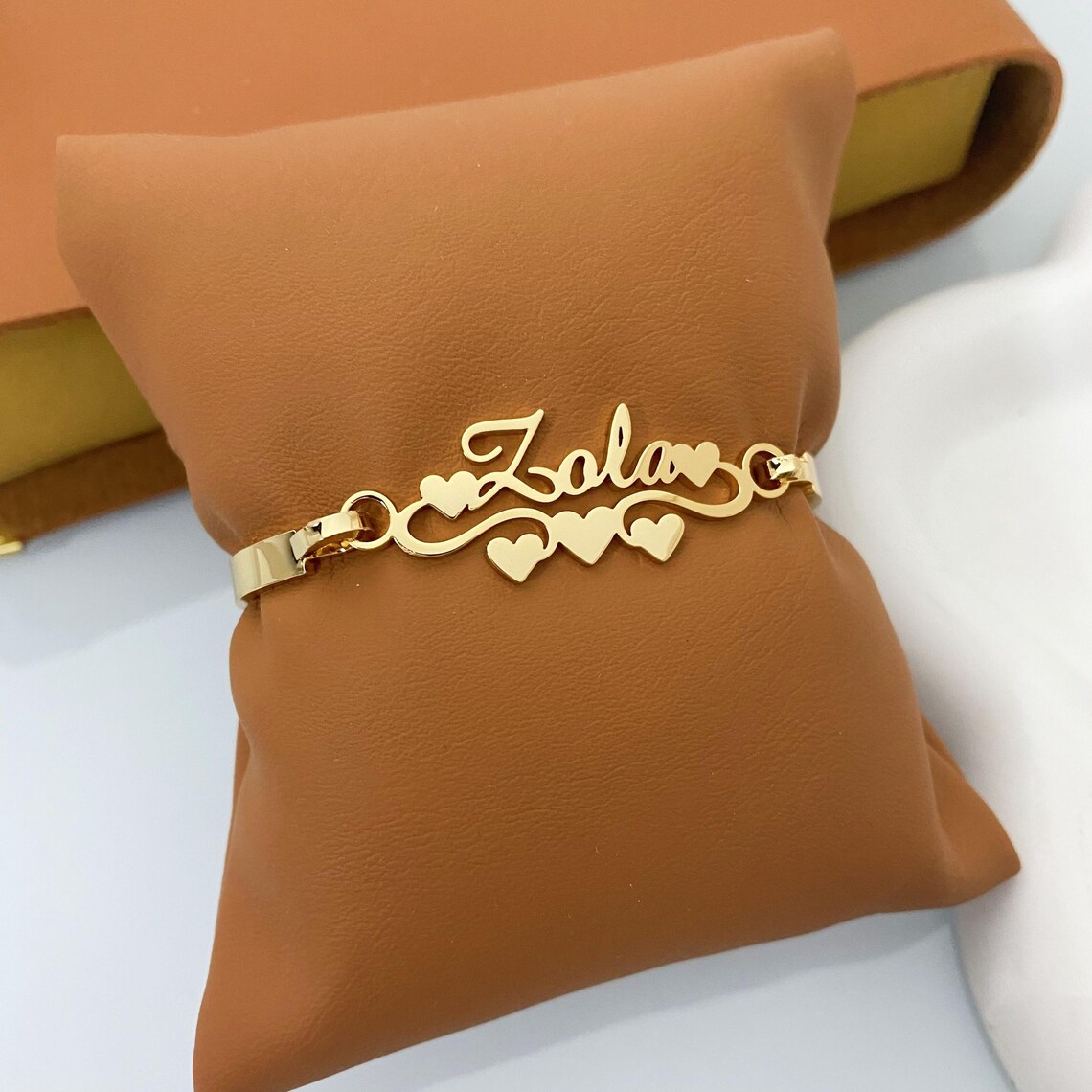 Custom Nameplate with Hearts Cuff Bangle Gold Plated