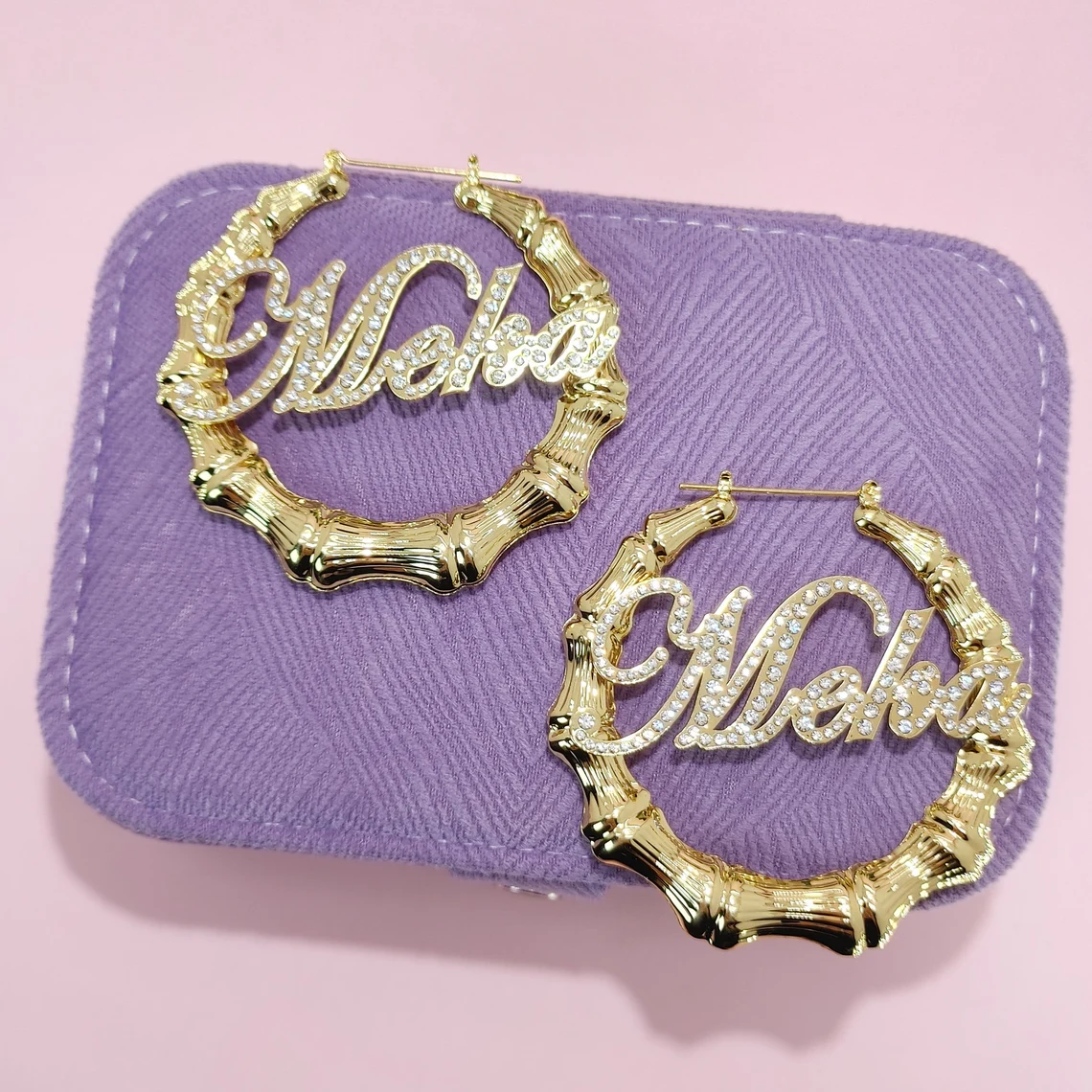 Custom Zirconia Nameplate Earrings Bamboo Earrings Gold Plated